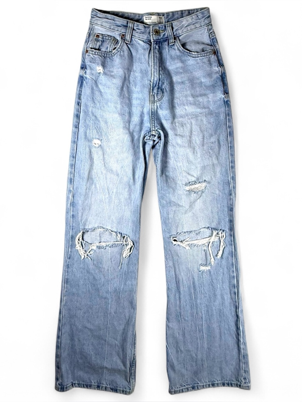 Bershka 90s Wide Leg Distressed Light Wash Y2K Baggy Jeans Size 2 Boho - Picture 2 of 15